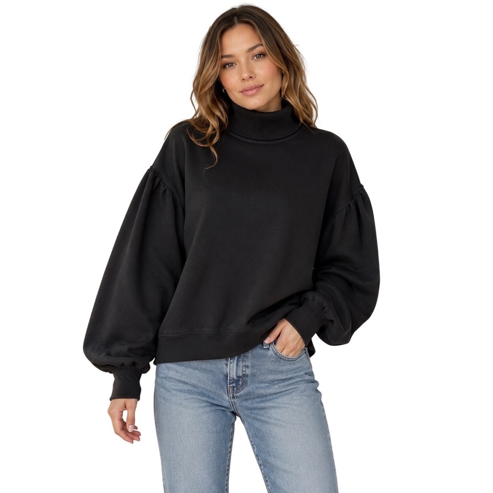 Zara Puff Sleeve TurtleNeck Sweatshirt Black Minimalist Luxe Casual Size L